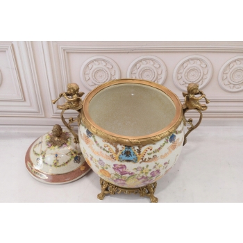 Biała Waza - Amfora Wazon - Porcelana + Brąz - Kwiaty Anioły - Sygn