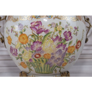 Biała Waza - Amfora Wazon - Porcelana + Brąz - Kwiaty Anioły - Sygn