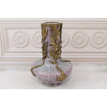 Porcelanowy Wazon Na Kwiaty - Biało Różowy - Porcelana + Brąz - Sygn