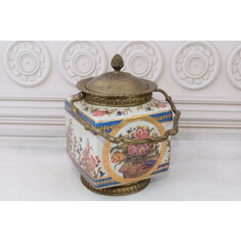 Porcelanowy Wazon Koszyczek - Amfora - Porcelana + Brąz - Kwiaty