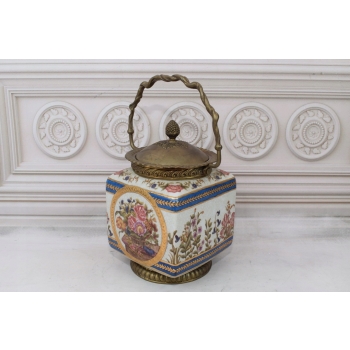 Porcelanowy Wazon Koszyczek - Amfora - Porcelana + Brąz - Kwiaty