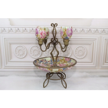 Porcelanowa Patera - Świecznik - Porcelana + Brąz - Kwiaty