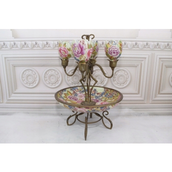 Porcelanowa Patera - Świecznik - Porcelana + Brąz - Kwiaty