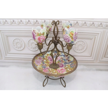 Porcelanowa Patera - Świecznik - Porcelana + Brąz - Kwiaty
