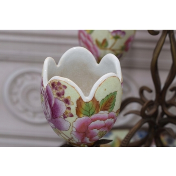 Porcelanowa Patera - Świecznik - Porcelana + Brąz - Kwiaty
