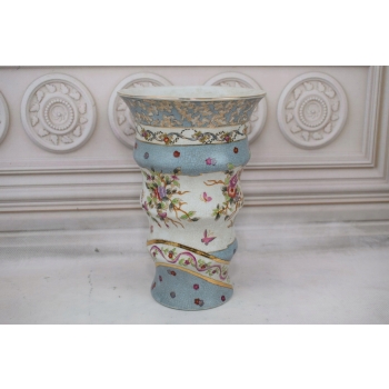 Porcelanowy Wazon - Waza - Biało Niebieska - Kolorowe Kwiaty - sygn