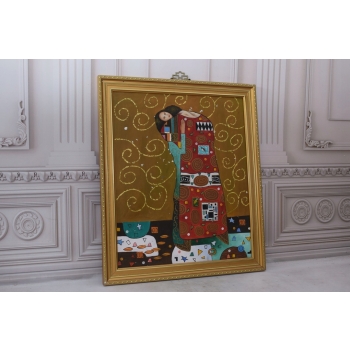 Gustav Klimt - Pocałunek Zakochani - Stary Obraz Olejny - Na Drewnie