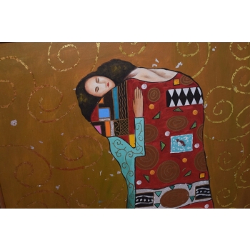 Gustav Klimt - Pocałunek Zakochani - Stary Obraz Olejny - Na Drewnie