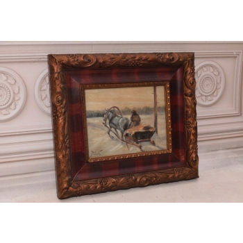 J. Fałat - Zimowy Pejzaż - Wyprawa na Polowanie - Stary Polski Obraz