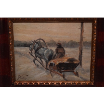 J. Fałat - Zimowy Pejzaż - Wyprawa na Polowanie - Stary Polski Obraz