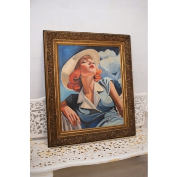 TAMARA De Łempicka - Portret Kobiety w Kapeluszu - Stary Obraz Olejny