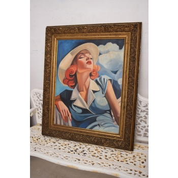 TAMARA De Łempicka - Portret Kobiety w Kapeluszu - Stary Obraz Olejny