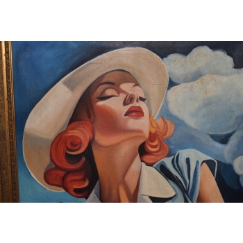TAMARA De Łempicka - Portret Kobiety w Kapeluszu - Stary Obraz Olejny