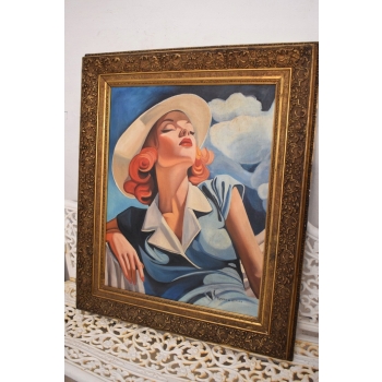 TAMARA De Łempicka - Portret Kobiety w Kapeluszu - Stary Obraz Olejny