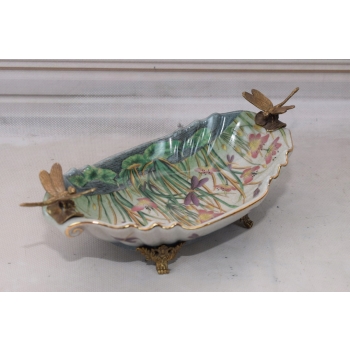 Porcelanowa Mini Patera - Mydelniczka - Porcelana + Brąz - Ważki