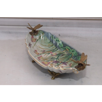 Porcelanowa Mini Patera - Mydelniczka - Porcelana + Brąz - Ważki