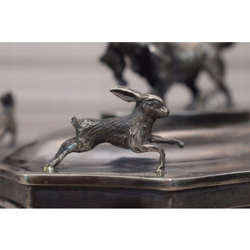 Srebrna Myśliwska Cukiernica - Pies z Kaczka - Carska Rosja 84 Srebro