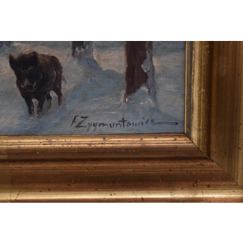 I. ZYGMUNTOWICZ - Dziki Dzik w Zimowej Scenerii Pejzaż - Stary Obraz Olejny