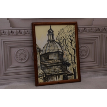 Wiktor Zin 1973 - Kościół - Pastel za Szkłem - Polski Stary Obraz Olejny