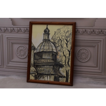 Wiktor Zin 1973 - Kościół - Pastel za Szkłem - Polski Stary Obraz Olejny