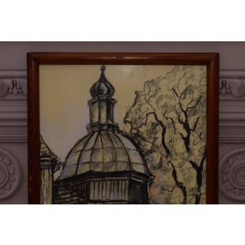 Wiktor Zin 1973 - Kościół - Pastel za Szkłem - Polski Stary Obraz Olejny