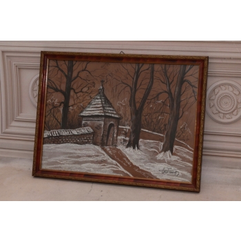 Wiktor Zin - Kapliczka - Pastel za Szkłem - Polski Stary Obraz Olejny