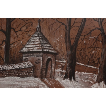 Wiktor Zin - Kapliczka - Pastel za Szkłem - Polski Stary Obraz Olejny