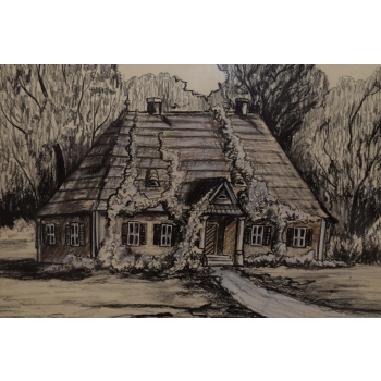 Wiktor Zin 1971 - CHATA - Pastel za Szkłem - Polski Stary Obraz Olejny