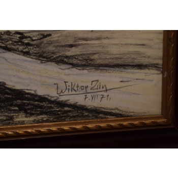 Wiktor Zin 1971 - CHATA - Pastel za Szkłem - Polski Stary Obraz Olejny
