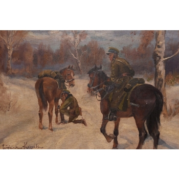 Wojciech Kossak - Ułani Na Koniach - Polski Zimowy Obraz Olejny Złota Rama