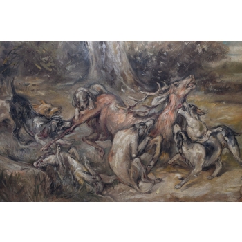 J. Fałat - Atak Psów na Jelenia - Łoś Jeleń - Natura - Stary Obraz Olejny