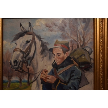 Wojciech Kossak - Ułan przy Koniu KOŃ - Polski Stary Obraz PREZENT