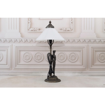 Lampa Art Deco - Figura Kobiety - Biały Trójkątny Klosz - Lampka Biuro