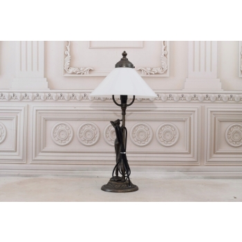 Lampa Art Deco - Figura Kobiety - Biały Trójkątny Klosz - Lampka Biuro