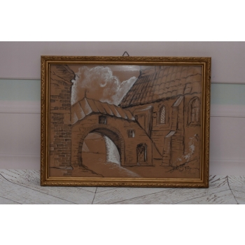 Wiktor Zin 1972 Brama Krakowska Pastel za Szkłem Polski Stary Obraz Olejny
