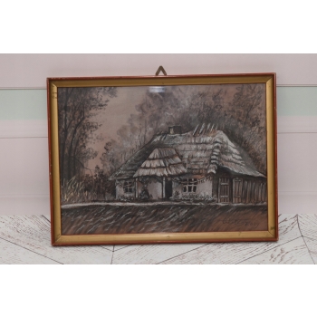 Wiktor Zin 1969 - Zabytkowa Chata - Pastel za Szkłem - Polski Obraz Olejny
