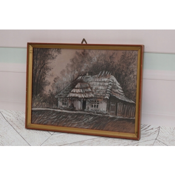 Wiktor Zin 1969 - Zabytkowa Chata - Pastel za Szkłem - Polski Obraz Olejny