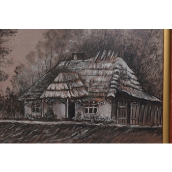 Wiktor Zin 1969 - Zabytkowa Chata - Pastel za Szkłem - Polski Obraz Olejny