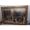 J Fałat - Polowanie na Dzika - Scena Myśliwska - Stary Obraz Olejny 220x160