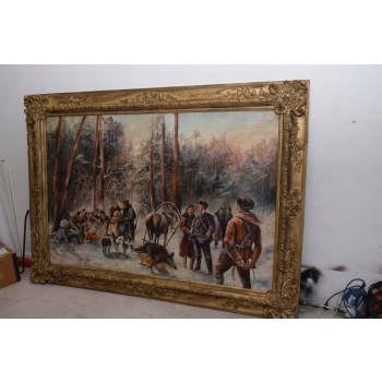 J Fałat - Polowanie na Dzika - Scena Myśliwska - Stary Obraz Olejny 220x160