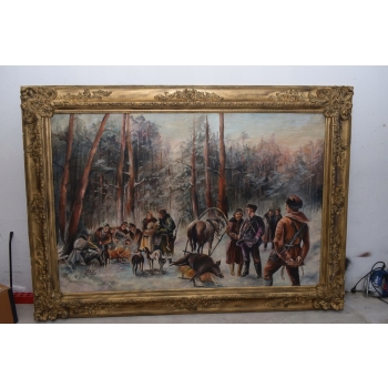 J Fałat - Polowanie na Dzika - Scena Myśliwska - Stary Obraz Olejny 220x160