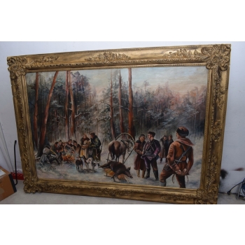 J Fałat - Polowanie na Dzika - Scena Myśliwska - Stary Obraz Olejny 220x160