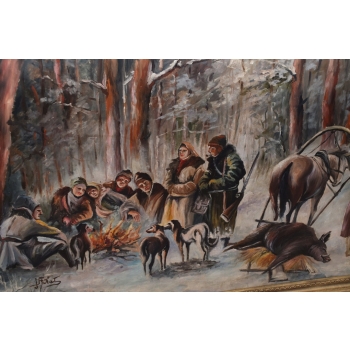 J Fałat - Polowanie na Dzika - Scena Myśliwska - Stary Obraz Olejny 220x160