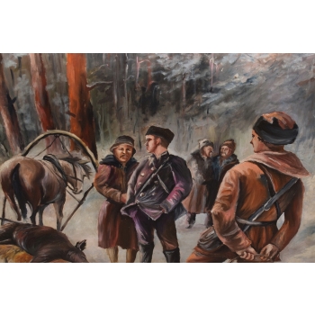 J Fałat - Polowanie na Dzika - Scena Myśliwska - Stary Obraz Olejny 220x160