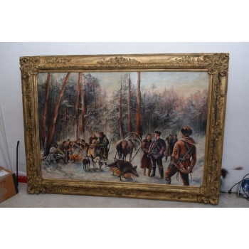 J Fałat - Polowanie na Dzika - Scena Myśliwska - Stary Obraz Olejny 220x160