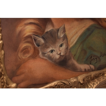 Józef Mehoffer - Portret Dziewczynki z Kotem Kot - Stary Obraz Olej Płótno