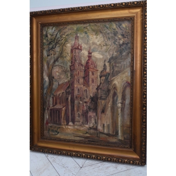 J. Fałat - Kościół Mariacki - Widok Kraków - Polski Stary Obraz Olejny