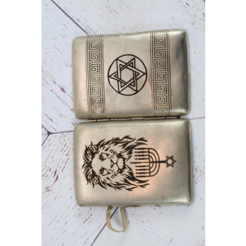 Papierośnica Żydowska - Aluminiowa - Judaica Chanuka Menora LEW Unikat