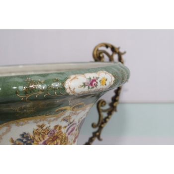 Zielona Porcelanowa Patera Amfora - Porcelana + Brąz - Kwiaty - Prezent