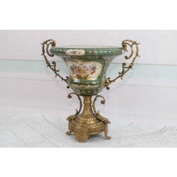 Zielona Porcelanowa Patera Amfora - Porcelana + Brąz - Kwiaty - Prezent